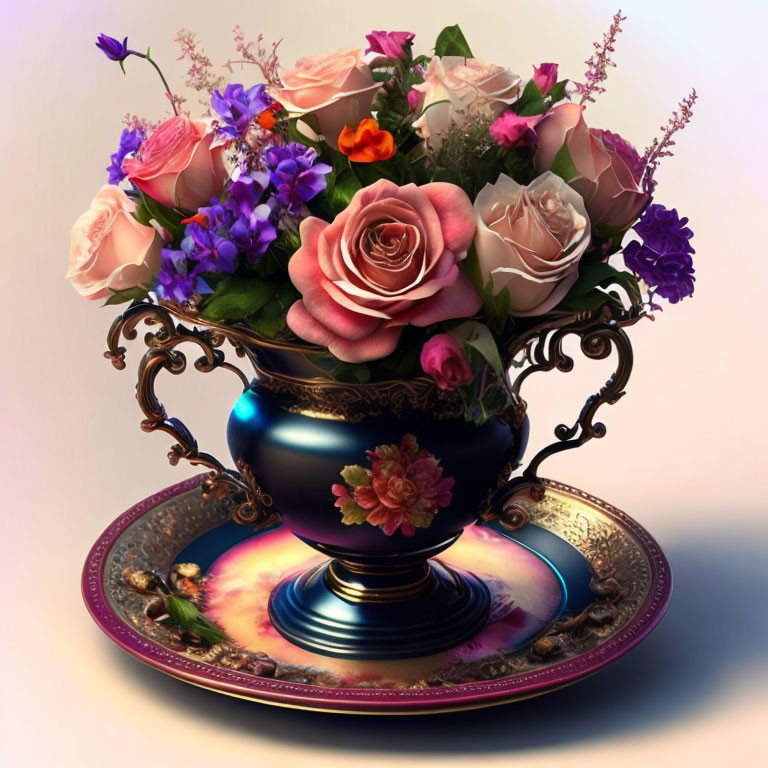 Colorful Roses and Purple Flowers in Classical Vase on Soft-lit Background