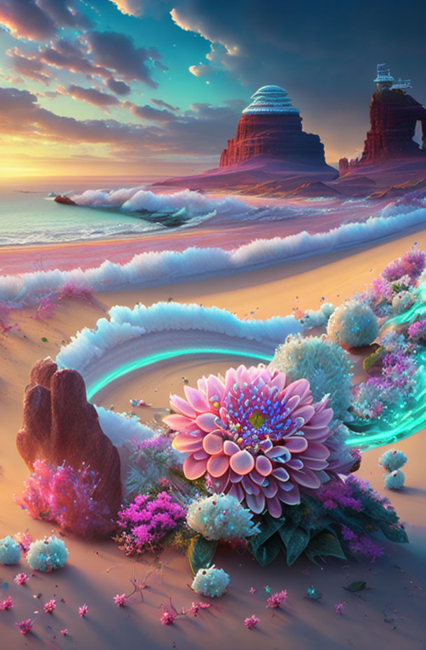 Vibrant sunset beachscape with oversized flowers and teal outlined blossoms.