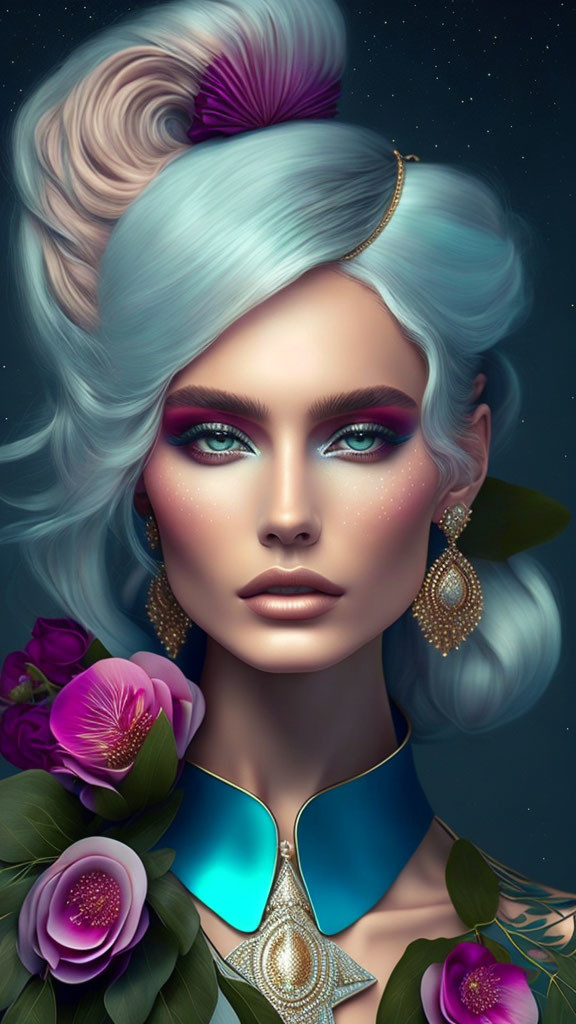 Illustrated woman with pastel blue hair and floral hair accessory in elegant updo, wearing gold jewelry