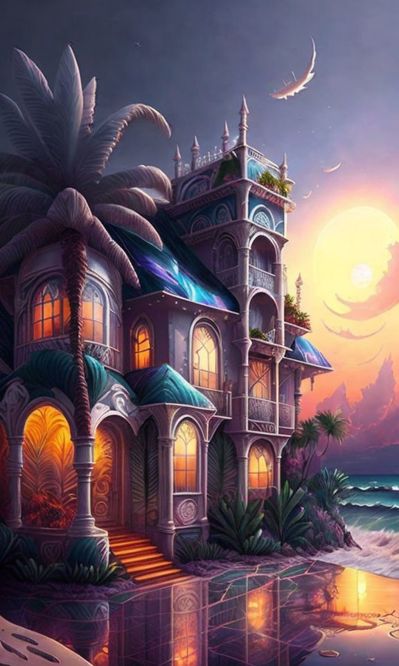 Fantasy villa by the sea with palm trees under twilight sky