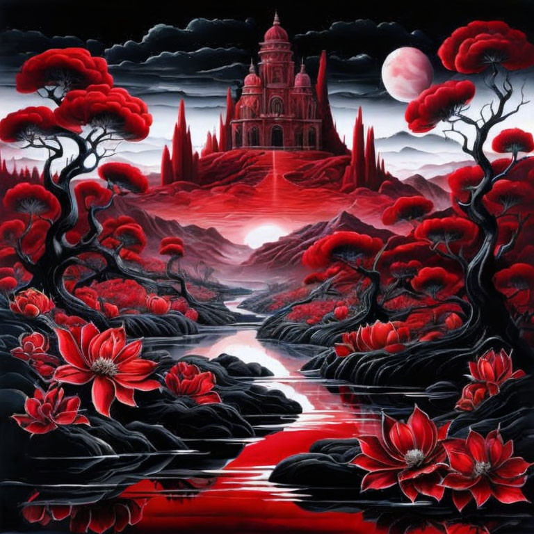 Surreal crimson landscape with grand castle and lotus flowers