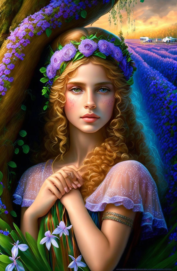 Digital artwork: Young woman with curly hair and floral crown near tree and lavender field