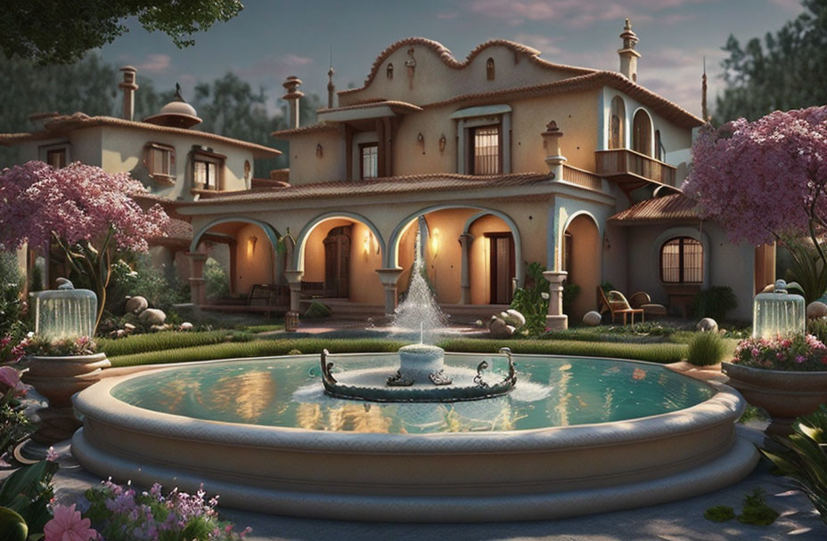 Luxurious villa with fountain, lush gardens, blooming trees at dusk