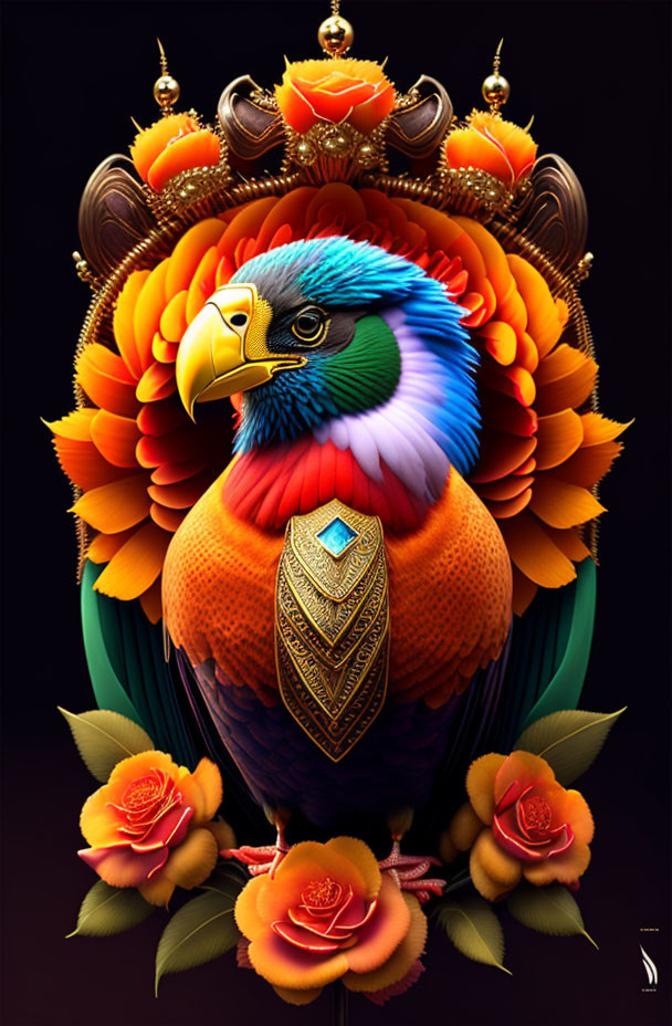 Regal bird digital illustration with crown and colorful feathers