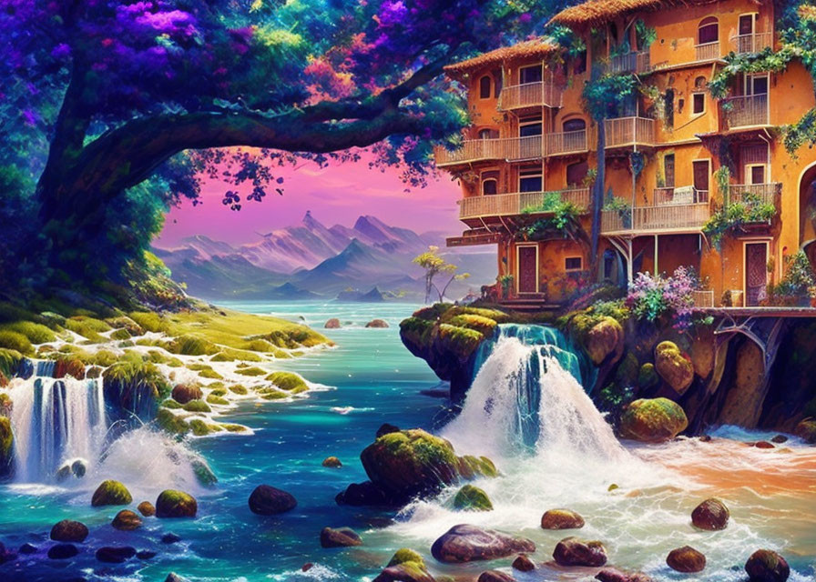 Vibrant fantasy landscape with waterfalls, river, foliage, and cozy treehouse