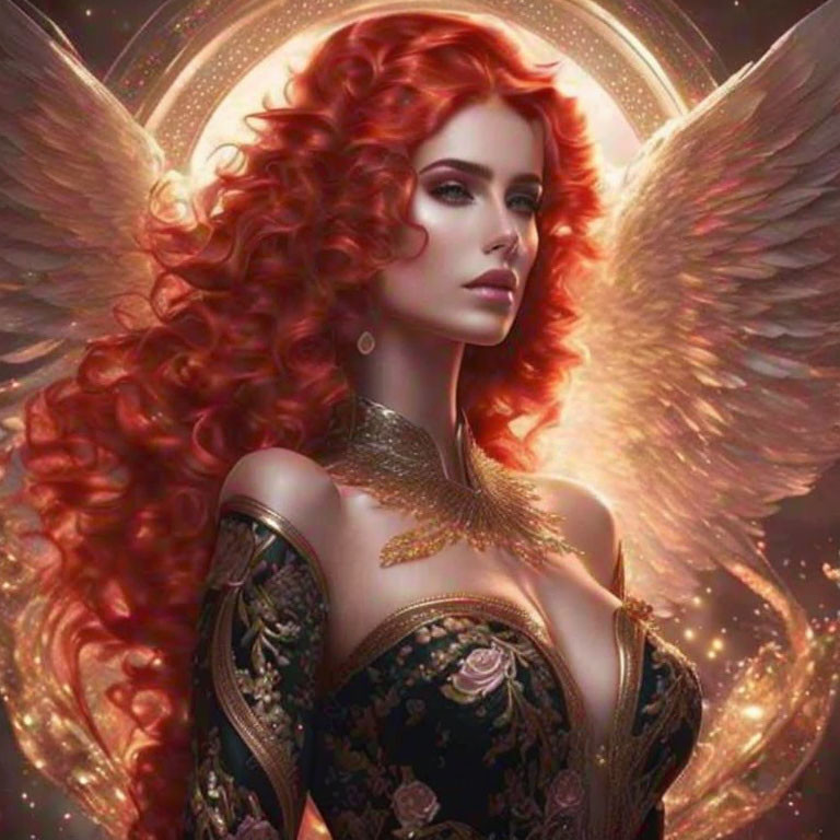 Digital art: Woman with red hair, angelic wings, and ornate clothing on glowing backdrop