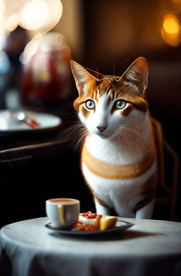 Ginger and White Cat with Coffee and Dessert in Cozy Room