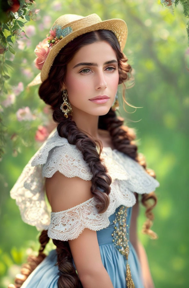 Vintage blue dress with lace collar and straw hat adorned woman with braided brown hair gazes intently