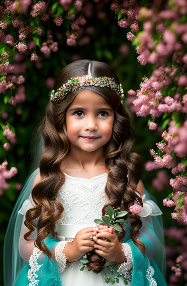 Young girl in tiara and white dress among pink blossoms with green sprig