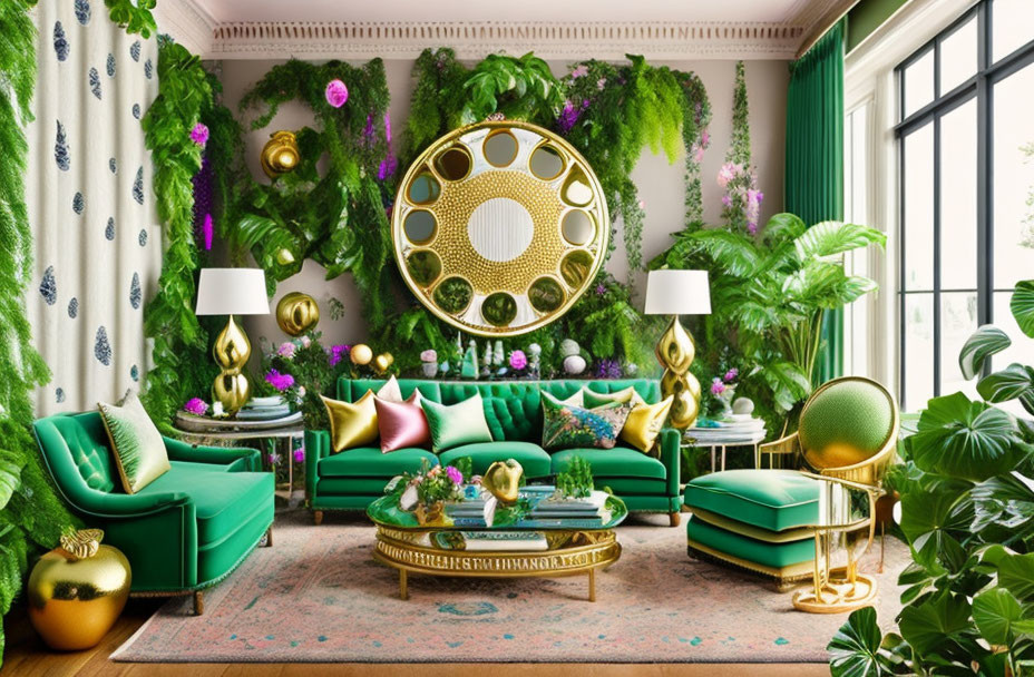 Green Sofas, Gold Accents, Circular Mirror: Vibrant Living Room Decor