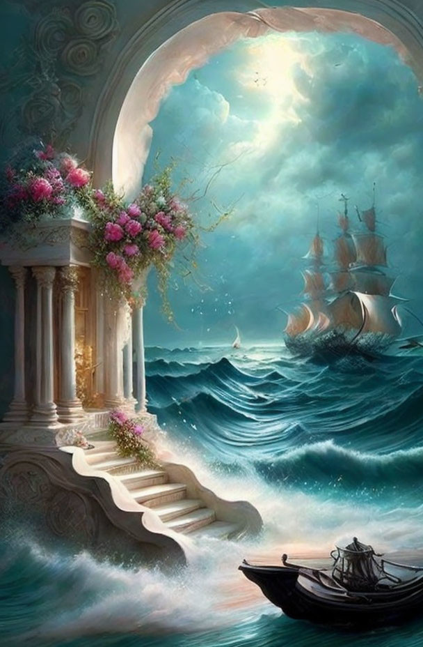 Fantasy seascape with small boat, ornate steps, ship, and stormy sky