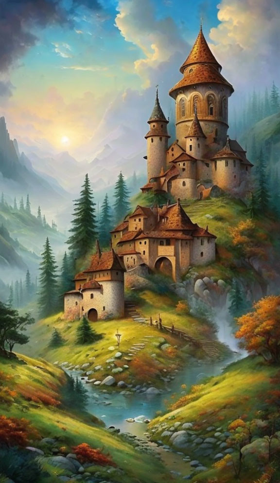 Fantasy castle with multiple towers in green hills by river and waterfall at sunrise