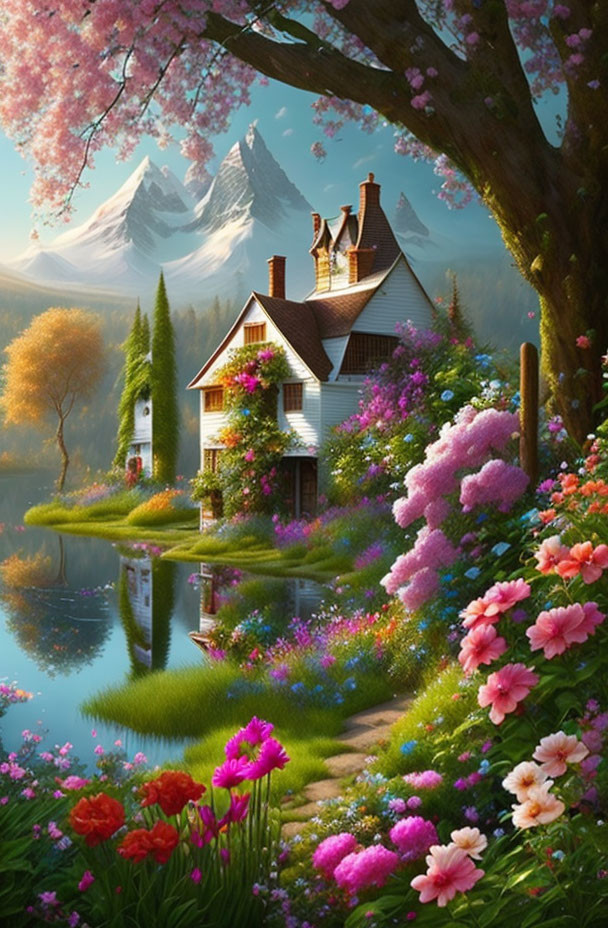 Charming cottage with colorful flowers, tranquil pond, mountains, and clear sky