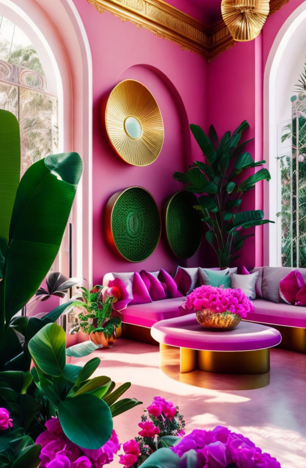 Vibrant Pink Interior with Gold Accents and Plush Sofa