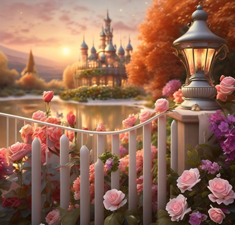 Sunset castle scene with lake, pink roses, and lantern in golden light