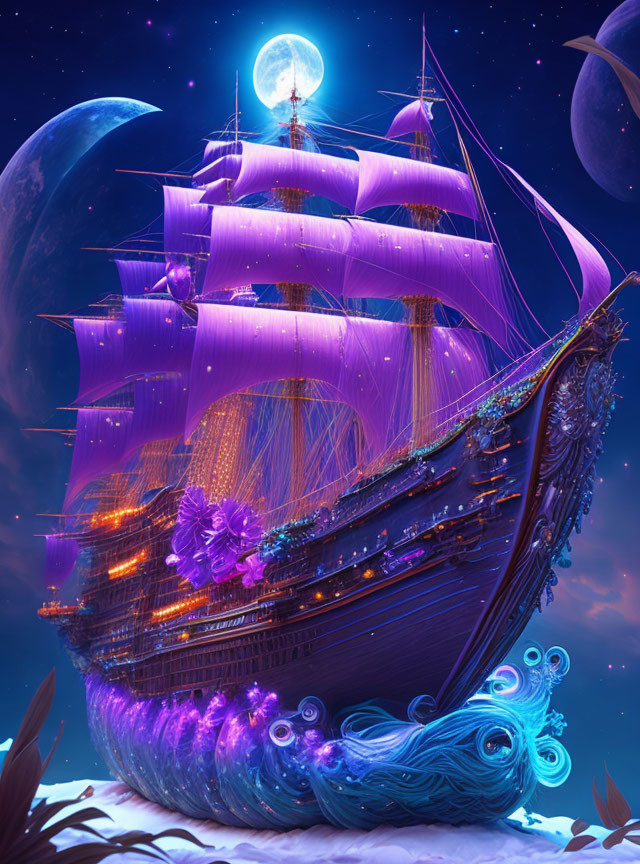 Glowing sails on fantastical ship amidst stars and crescent moons