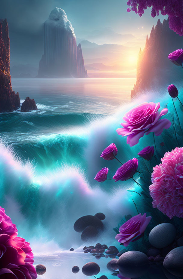 Colorful ocean landscape with glowing waves, pink flowers, sunset, and towering cliffs