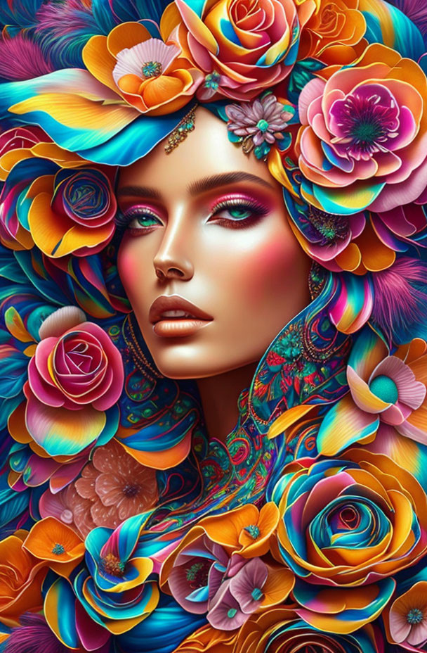 Vibrant floral patterns and feathers adorn woman in portrait