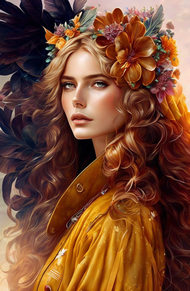 Colorful flowers and feathers adorn wavy-haired woman in digital art portrait