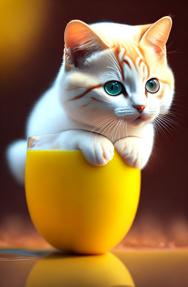 White and Orange Cat with Blue Eyes on Yellow Cup in Warm Setting