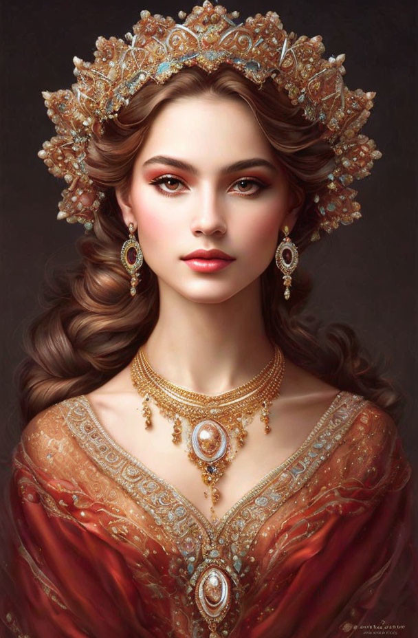 Elaborate golden headpiece and red dress woman with gemstone necklace on dark background