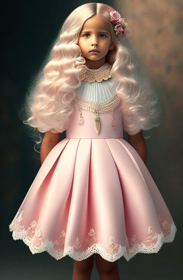 Digital artwork: Young girl with long blonde hair in pink dress and pearl necklace