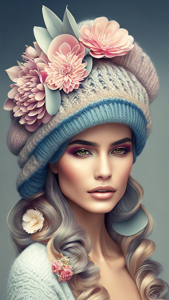 Portrait of a woman with floral hair accessories and knitted hat, styled hair, and makeup