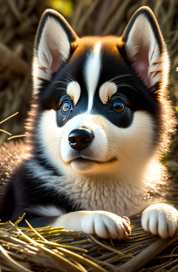 Adorable Husky Puppy with Blue Eyes on Straw Bed