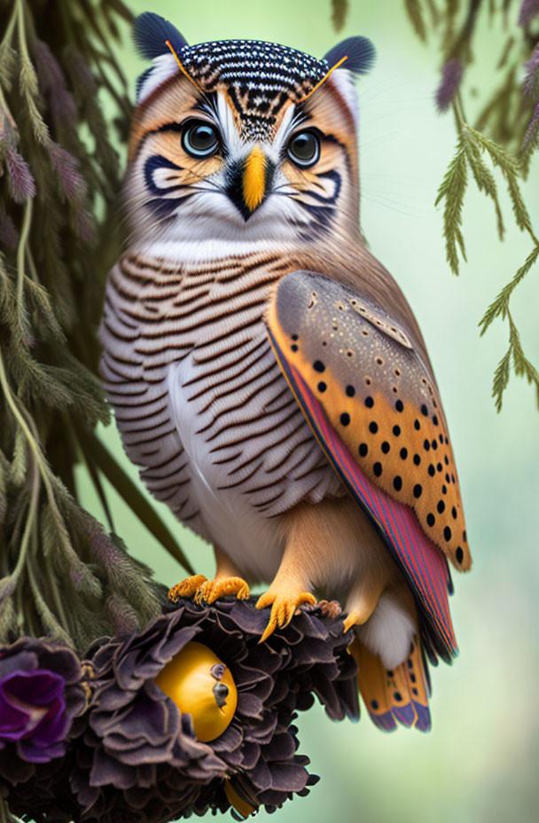 Colorful owl with striking eyes perched on floral branch in verdant setting