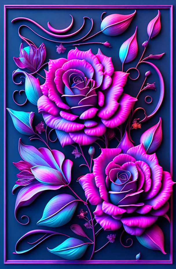 Stylized purple roses on dark blue background with neon effect