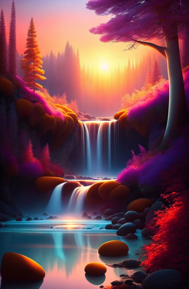 Colorful Fantasy Landscape with Purple Foliage, Orange Skies, Waterfall, and Blue Waters