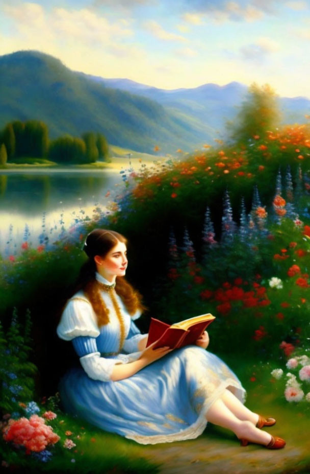 Woman in Blue Dress Reading Book by Lakeside with Mountains and Flowers