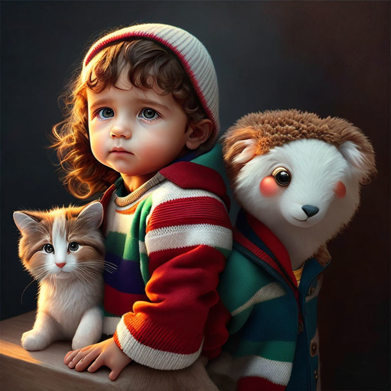 Curly-Haired Child with Kitten and Hedgehog in Striped Sweater