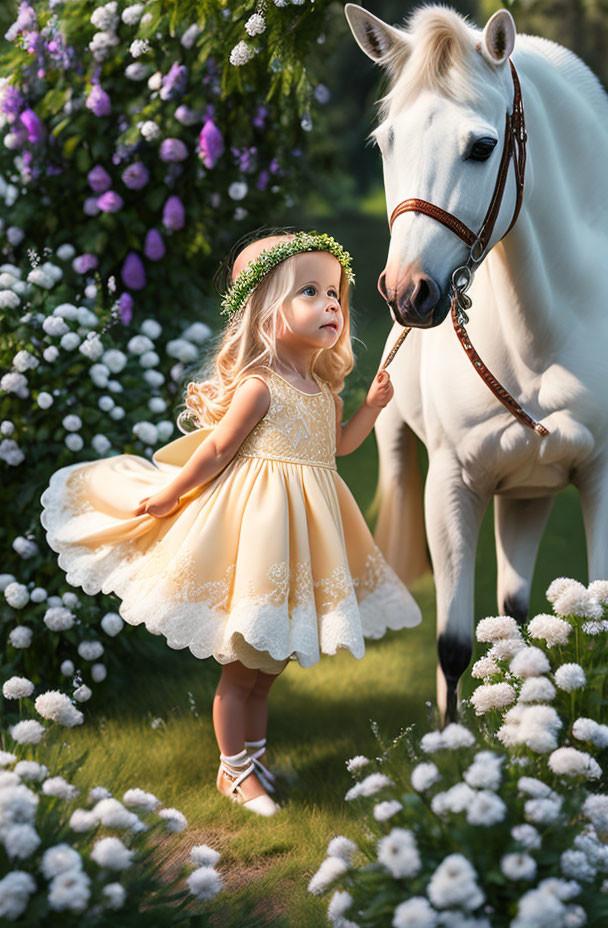 Young girl in yellow dress with white horse in sunlit garden.