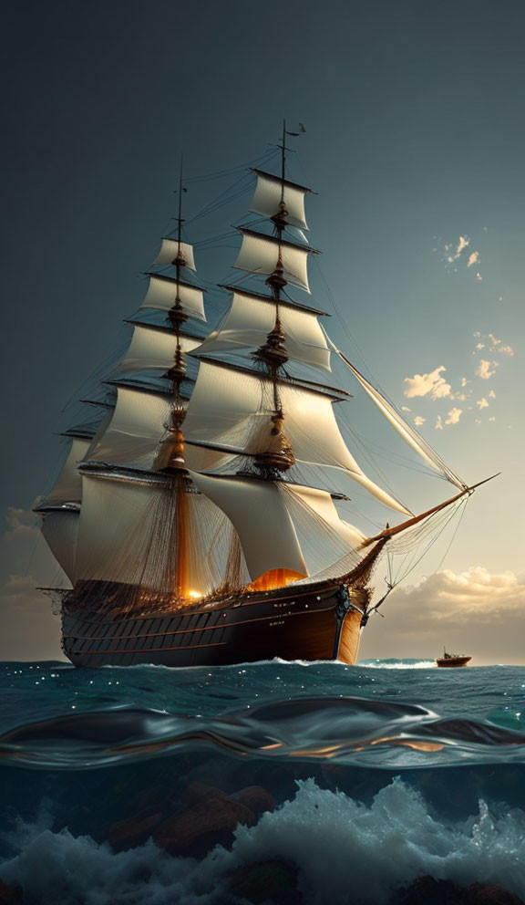 Majestic tall ship sailing on turbulent sea at dusk