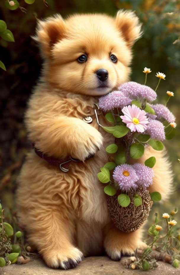 Fluffy cream and light brown puppy with flowers in basket surrounded by greenery