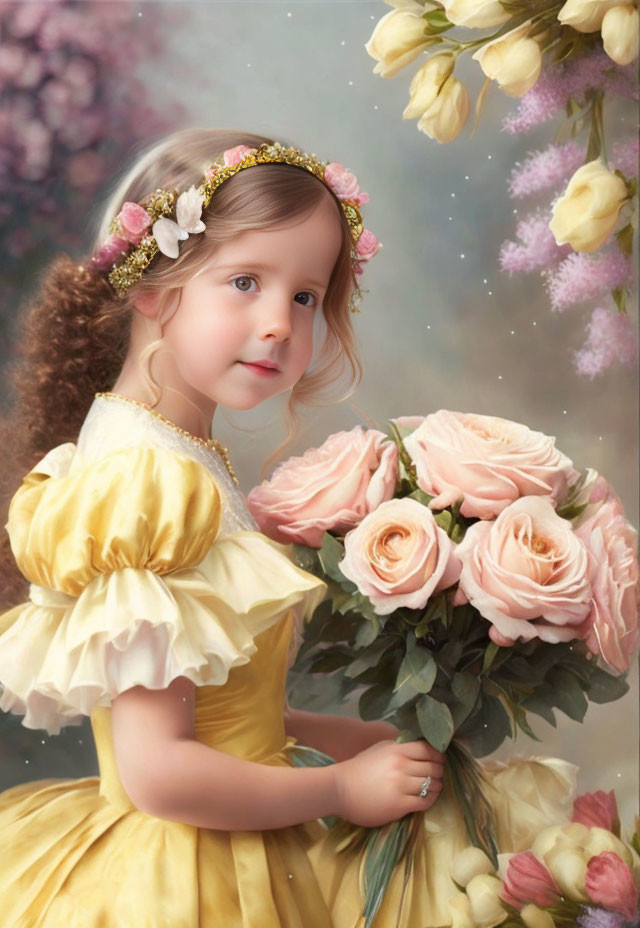 Young girl in floral headband with pink roses bouquet and dreamy backdrop