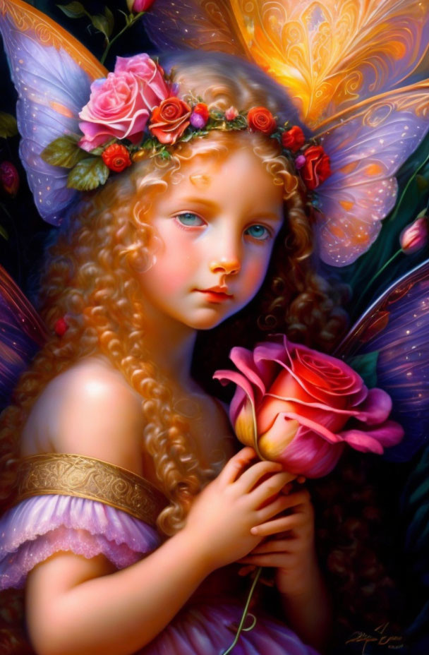 Colorful painting of young girl with curly hair and rose wreath, holding pink rose amidst glowing butterfly