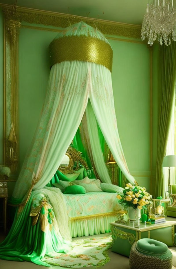 Luxurious Green Bedroom with Canopy Bed & Crystal Chandelier