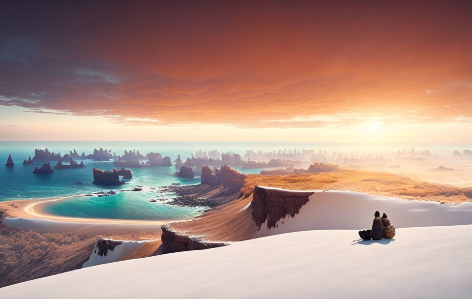 Pair overlooking surreal coastal landscape at sunset