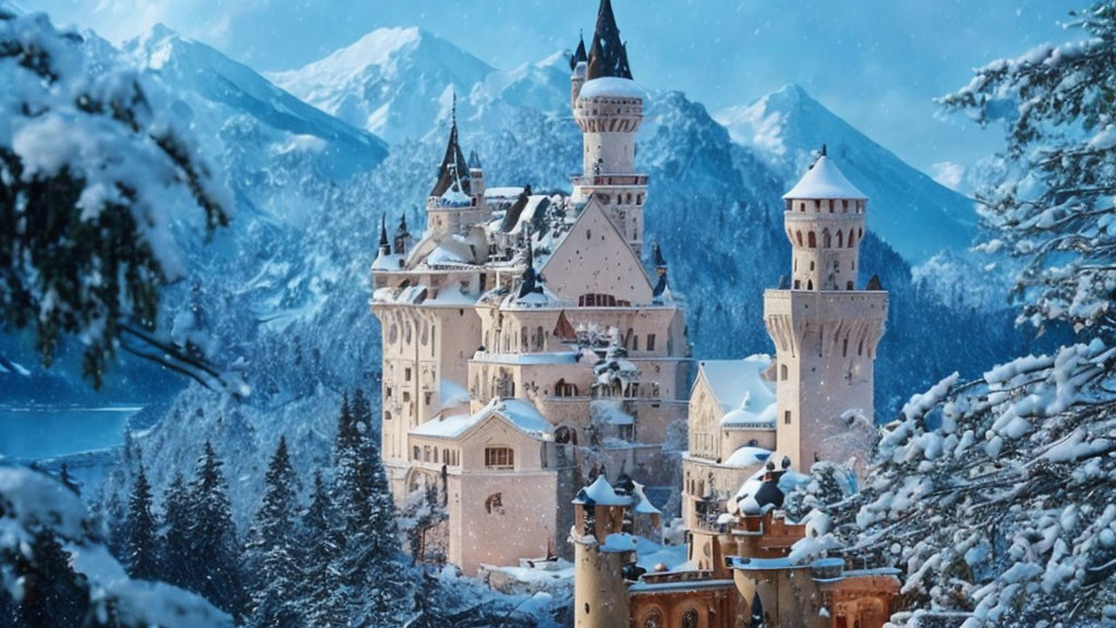 Snow-covered castle in wintry mountain landscape