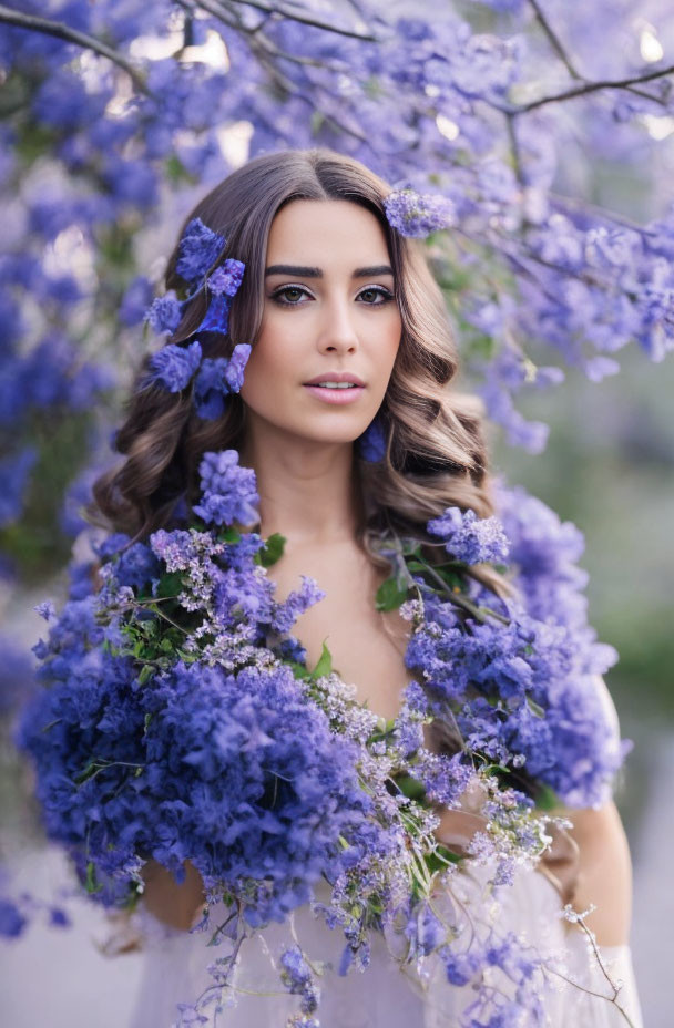 Woman with Long Wavy Hair, Purple Flowers, White Dress, and Bouquet