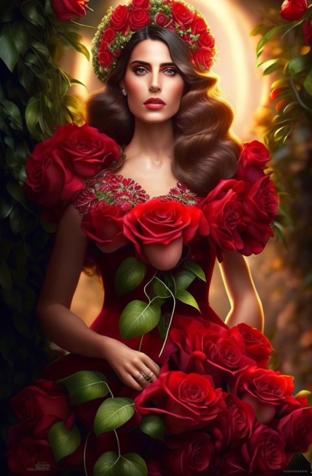 Woman with Red Roses and Floral Crown in Mythical Setting