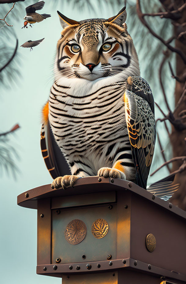 Surreal image: Large cat with owl features on lamppost, birds flying