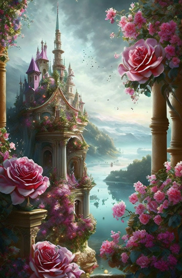 Fantasy castle surrounded by greenery and roses near river with birds in sky