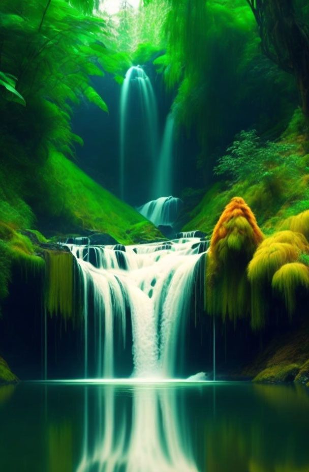 Tranquil waterfall over mossy rocks in lush green setting