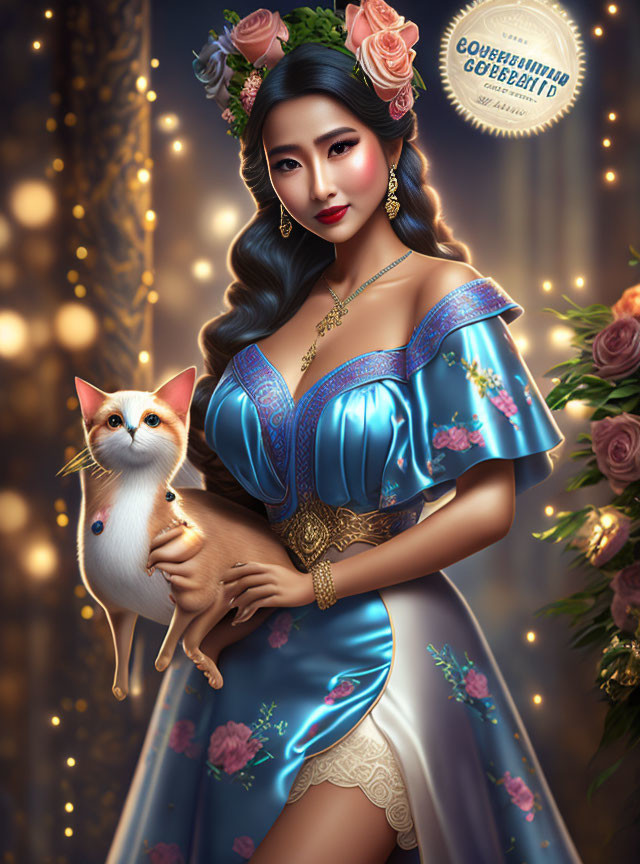 Woman in Blue Floral Dress Holding White Cat with Elegant Background