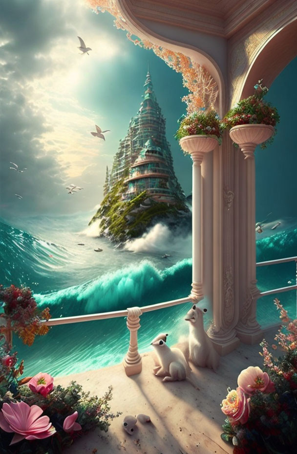 Balcony overlooking turbulent sea, lush island with spiral structure, birds in flight, and white creatures