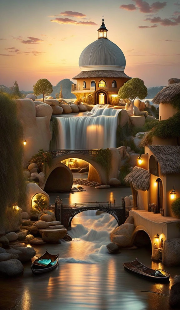 Fantasy landscape at dusk: waterfall, domed building, lit bridges, boats by cave-like homes