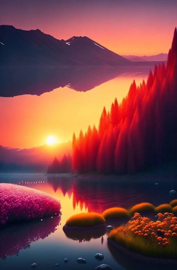 Scenic sunset over lake with pink flora, orange trees, mountains, reflection